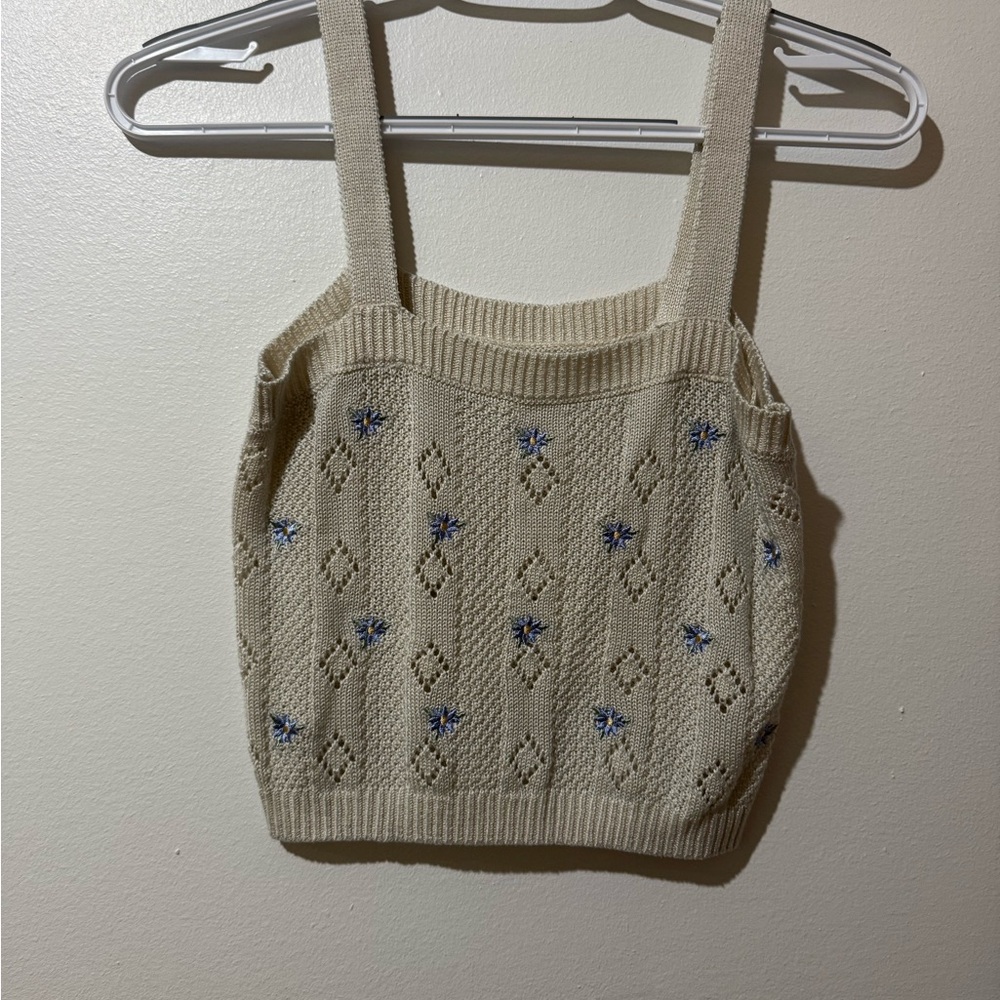 Beige Knit Tank Top with Blue Floral Details